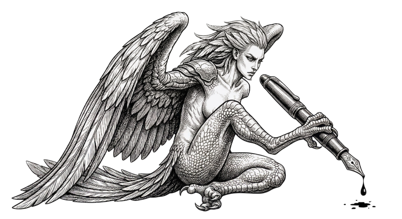 A harpy writing with a fountain pen