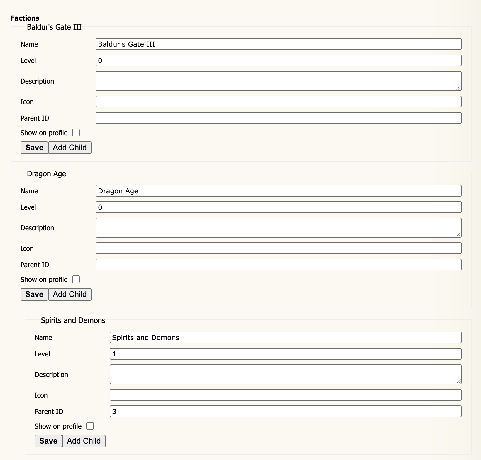 Admin Factions page screenshot