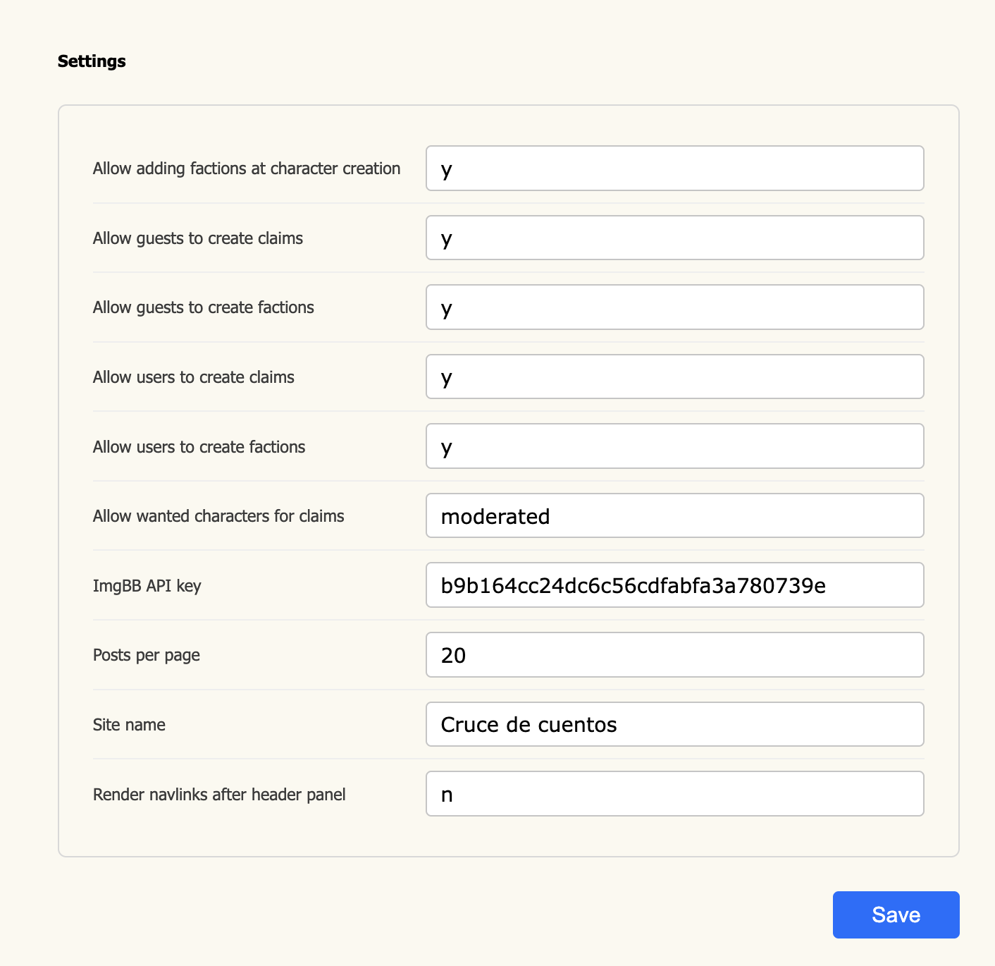 Admin Settings page screenshot